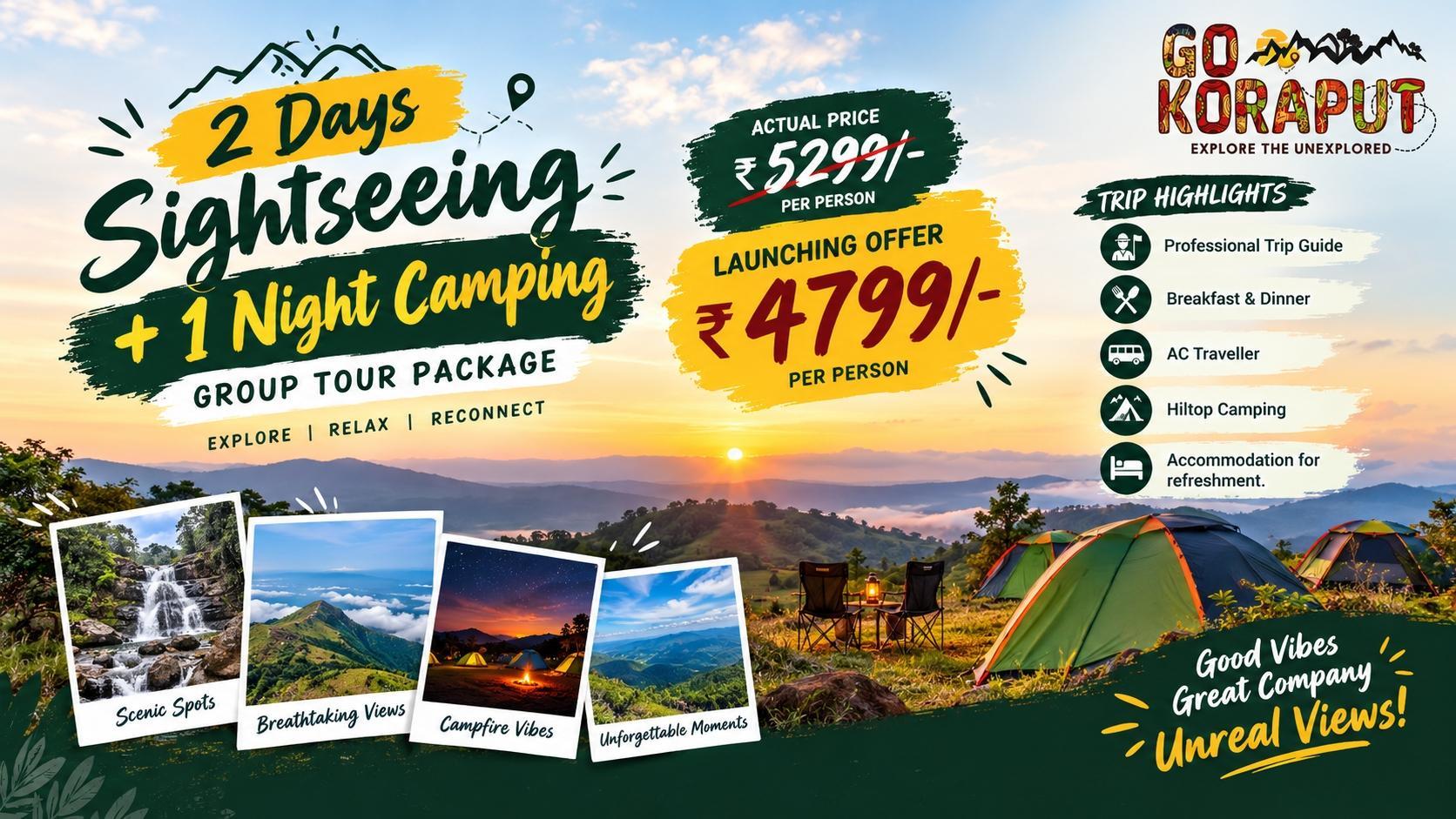 2 Days Sightseeing + 1 Night Hilltop Camping group tour package in Koraput by GoKoraput